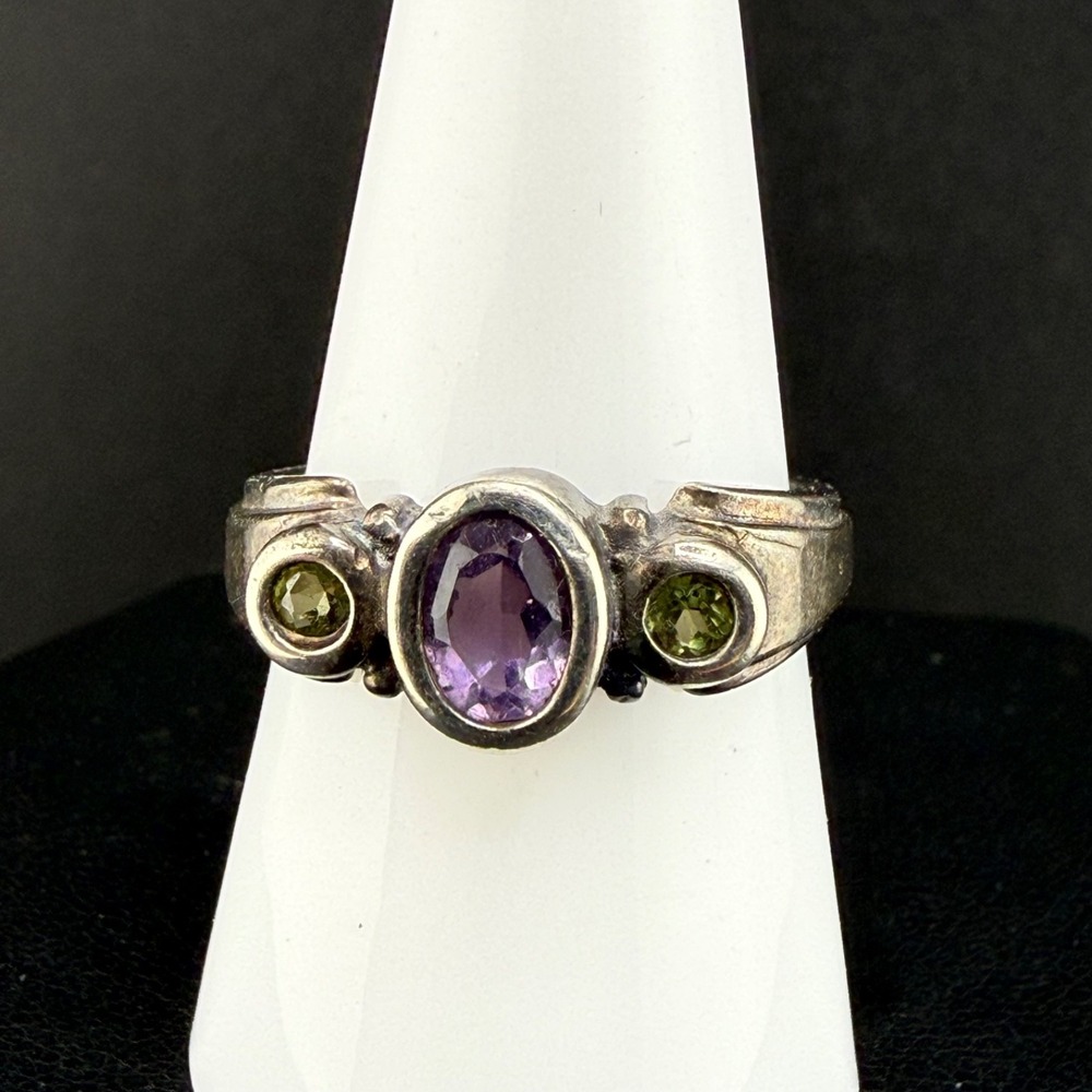 Signed Sterling Silver Cocktail Ring Purple Green Size 9